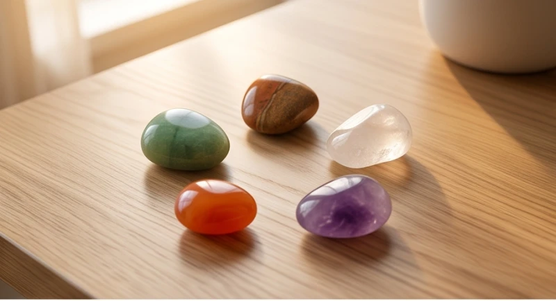 Vòng tròn ngũ hành tương sinh tương khắc bằng đá quý tự nhiên đặt trên bàn làm việc