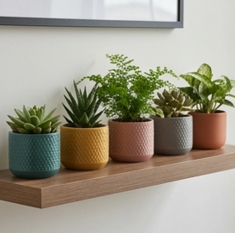 Cây để bàn hợp tuổi Mão: Chọn cây mini chuẩn mệnh và góc đặt 1 Năm chậu cây cảnh mini tượng trưng cho năm mệnh ngũ hành đặt cạnh nhau trên một chiếc kệ gỗ văn phòng.