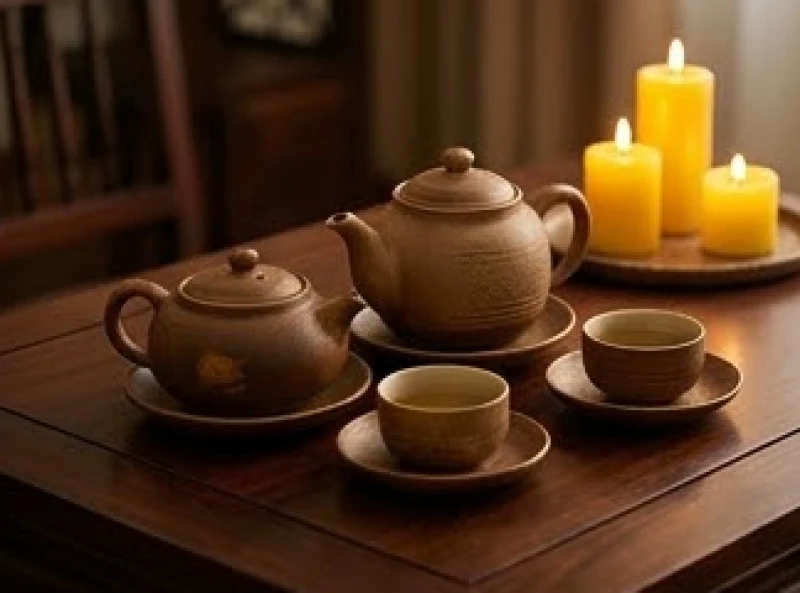 Khay trà bằng gốm sứ màu nâu đất và nến vàng ấm áp đại diện cho yếu tố tương sinh với mệnh Bạch Lạp Kim