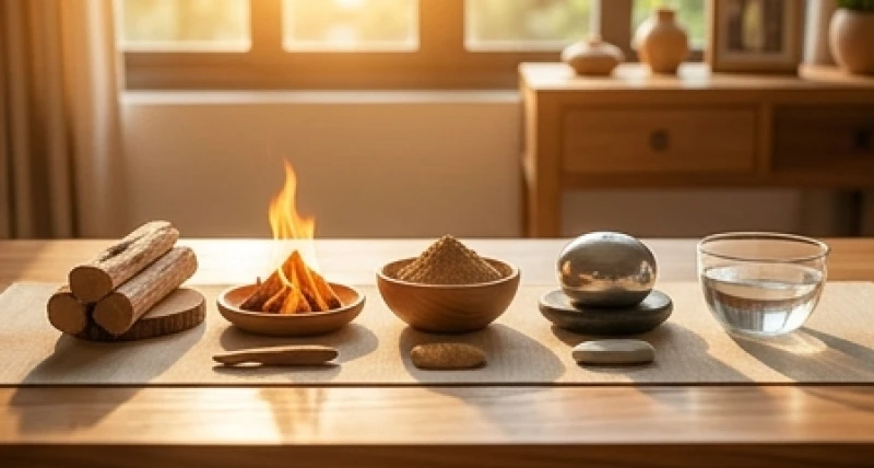 Đồ vật trang trí phong thủy đại diện cho ngũ hành Kim Mộc Thủy Hỏa Thổ trên bàn gỗ