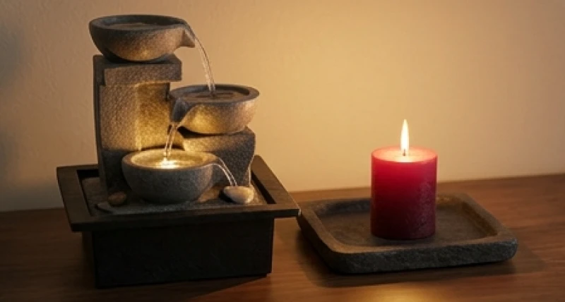 Tuổi Dậu khắc tuổi nào: Bảng tra mức độ kỵ và cách hóa giải 3 Sự tương tác giữa ngọn nến đang cháy và đài phun nước phong thủy biểu trưng cho Hỏa và Thủy