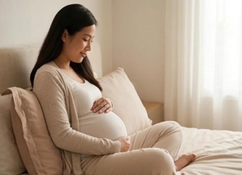 Tuổi Sửu hợp sinh con tuổi gì: Ma trận phối tuổi & hóa giải 8 Người mẹ mang thai đang nhẹ nhàng xoa bụng bầu trong không gian phòng ngủ yên bình và ấm áp