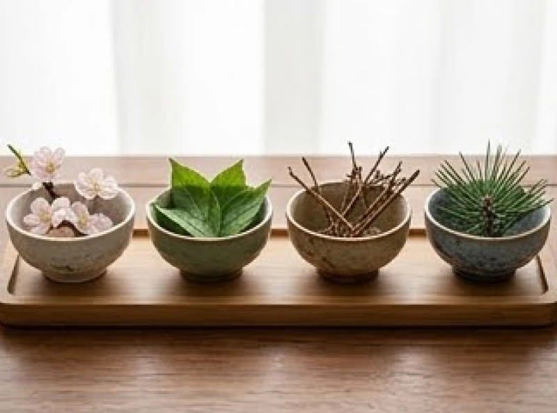 Bốn khay gốm thủ công đựng hoa xuân, lá hạ, cành thu và lá kim mùa đông
