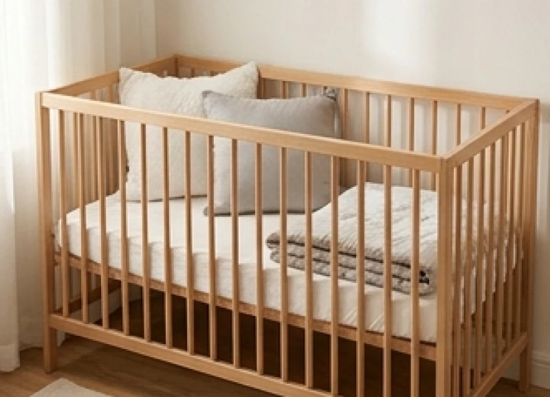 Tuổi Sửu hợp sinh con tuổi gì: Ma trận phối tuổi & hóa giải 10 Chiếc nôi em bé bằng gỗ sồi sáng màu được trang trí với những chiếc gối màu trắng và ghi xám