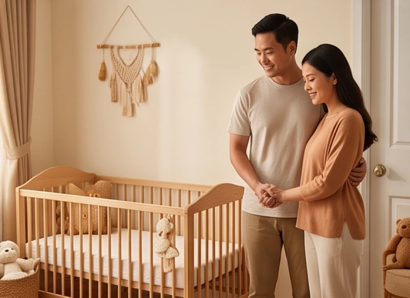 Tuổi Thân hợp sinh con tuổi gì: Bảng đối chiếu cho từng vợ chồng 9 Vợ chồng hạnh phúc cùng nắm tay mỉm cười đứng bên cạnh chiếc nôi em bé chuẩn bị chào đời
