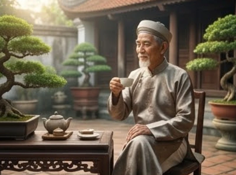 Tử vi tuổi Quý Tỵ 1953 năm 2027: Vận trình 12 tháng và lễ cúng 1 Bậc cao niên tuổi Quý Tỵ thảnh thơi thưởng trà trong không gian tĩnh lặng của năm Đinh Mùi 2027