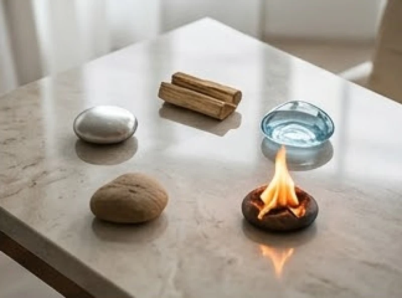 Bố cục các yếu tố ngũ hành kim mộc thủy hỏa thổ đại diện cho sự vận động sinh khắc trong định hướng sự nghiệp