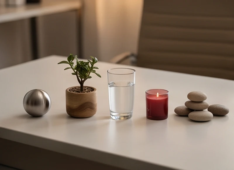 Các yếu tố ngũ hành kim mộc thủy hỏa thổ được bài trí cân bằng qua những vật phẩm phong thủy trên chiếc bàn làm việc