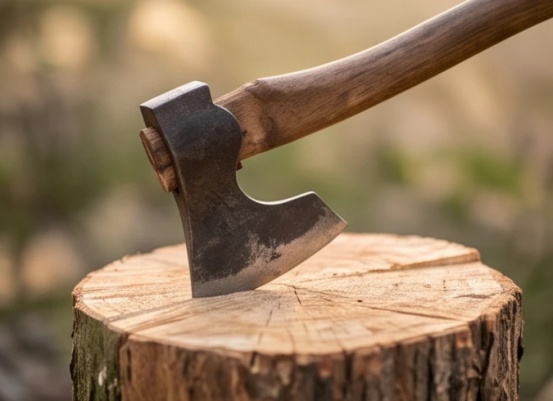 Ngũ hành là gì: Bản chất 5 mệnh và quy tắc hóa giải tương khắc 4 Chiếc rìu sắt nhỏ sắc bén chặt vào khúc gỗ minh họa rõ nét cho quy luật Kim khắc Mộc trong thực tiễn
