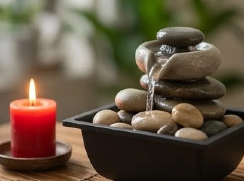 Sự kết hợp giữa tiểu cảnh thác nước nhỏ và nến đỏ rực cháy trên bàn gỗ