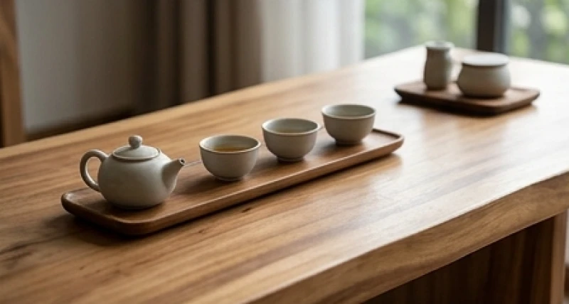 Bộ ấm trà gốm sứ mộc mạc tinh xảo đặt trên chiếc bàn gỗ tự nhiên trong không gian tĩnh lặng