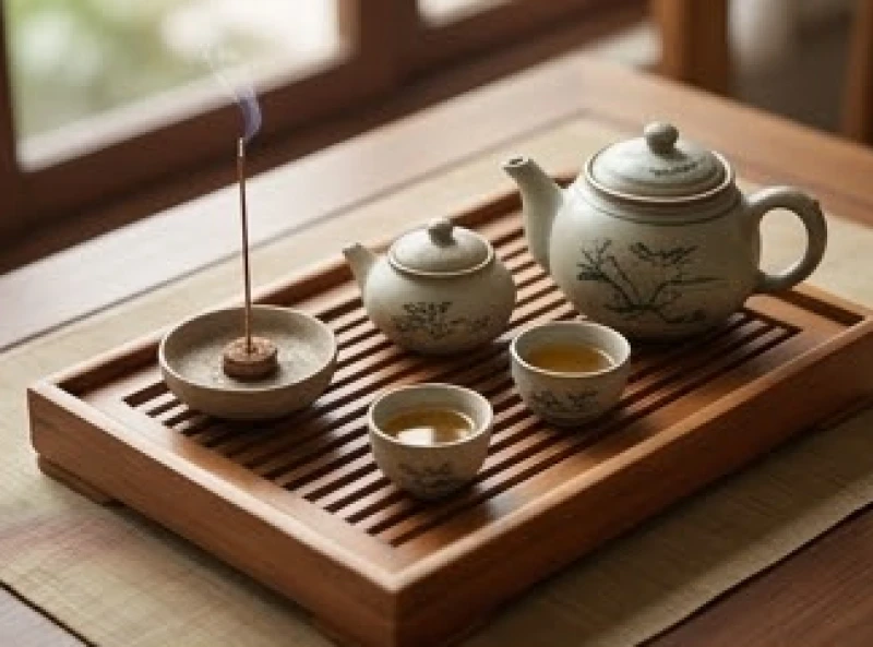 Trà cụ bằng gốm sứ và khay gỗ đại diện cho sự kết nối ngũ hành Kim Mộc Thủy Hỏa Thổ trên bàn trà