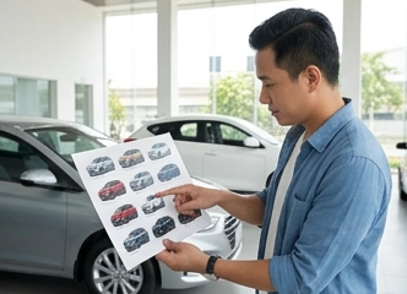 Người mua đang tham khảo bảng màu ô tô tại showroom theo quy luật ngũ hành tương sinh