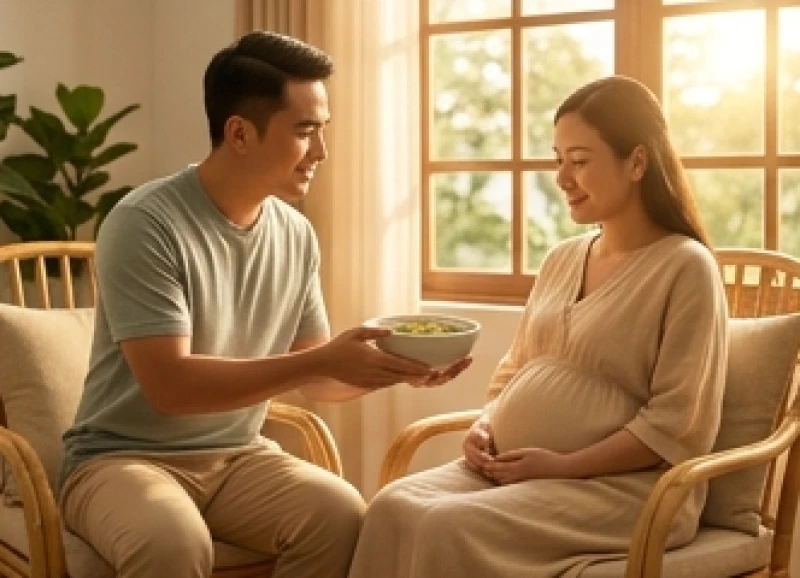 Tuổi Tuất hợp sinh con tuổi gì: Quy tắc ưu tiên ngũ hành 4 Người chồng đang ân cần chăm sóc người vợ mang thai, tượng trưng cho sự gánh đỡ và trung hòa năng lượng