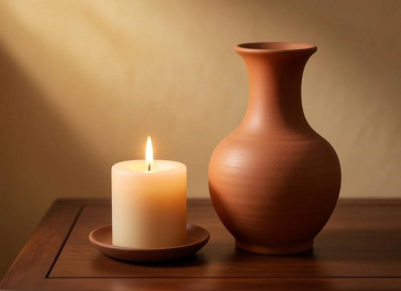 Ngọn lửa ấm áp và gốm sứ nâu đất tượng trưng cho quy luật ngũ hành tương sinh Hỏa sinh Thổ