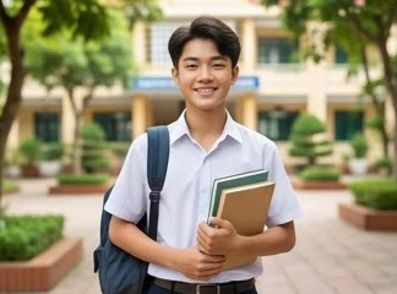Tử vi tuổi Tân Mão 2011 năm 2027: Vận trình học tập & cách cúng 1 Nam sinh tuổi Tân Mão 2011 vui vẻ cầm sách vở chuẩn bị đến trường