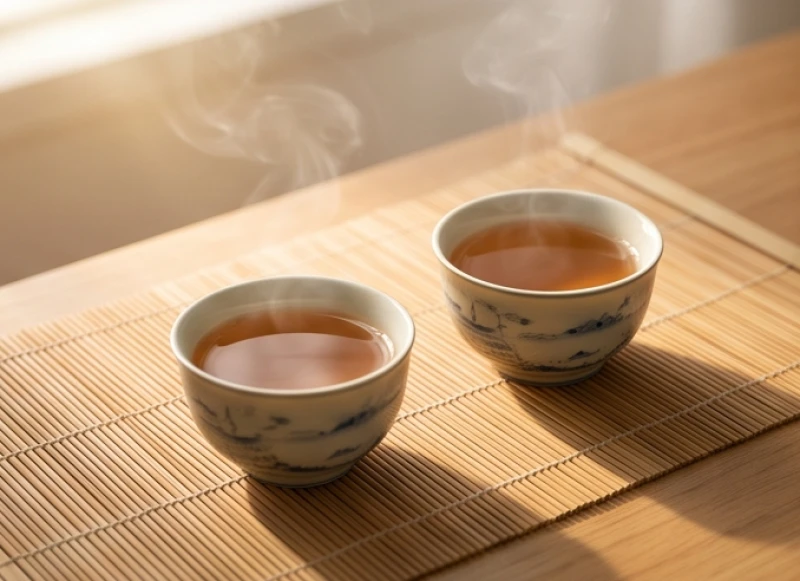 Hai đối tác kinh doanh cạn chén trà đàm đạo công việc trong không gian thiền định yên tĩnh