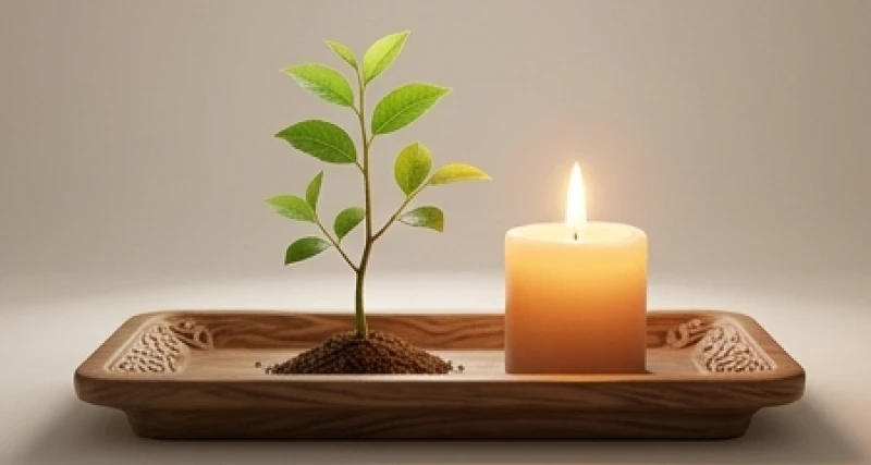 Mầm cây xanh tươi mọc lên bên cạnh ánh nến ấm áp minh họa cho quy luật ngũ hành mộc sinh hỏa