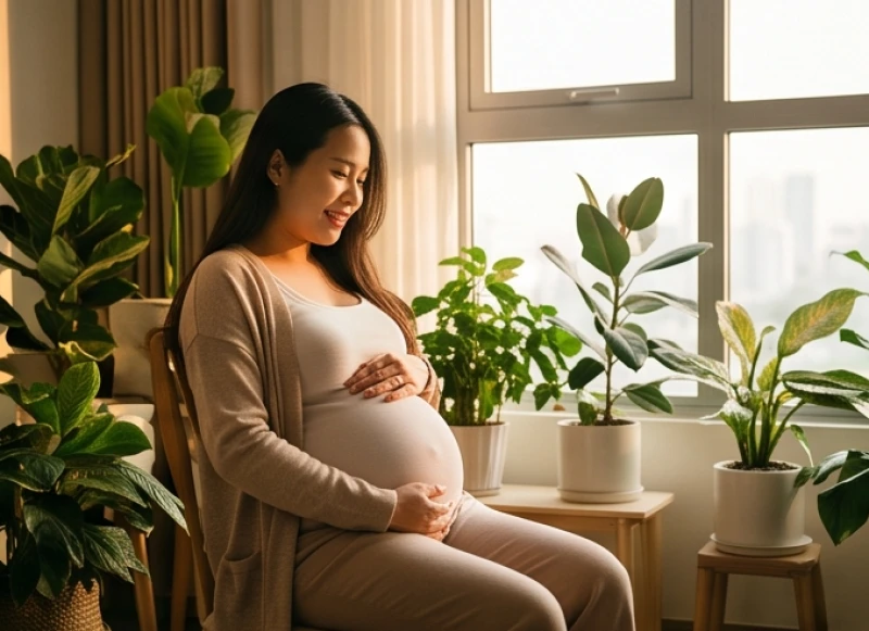 Người mẹ mang thai xoa bụng âu yếm trong không gian yên tĩnh thể hiện sự gắn kết ngũ hành tương sinh mẹ và bé