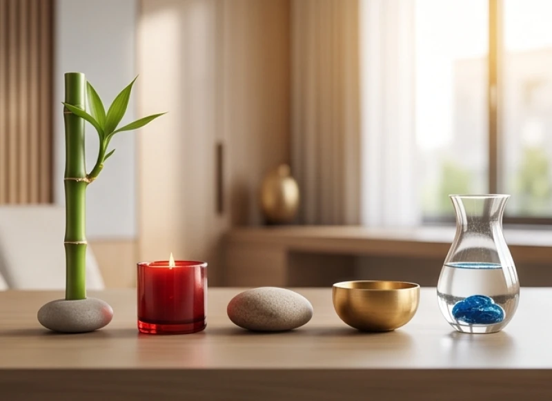 Các vật phẩm đại diện cho ngũ hành Kim Mộc Thủy Hỏa Thổ bài trí tinh tế