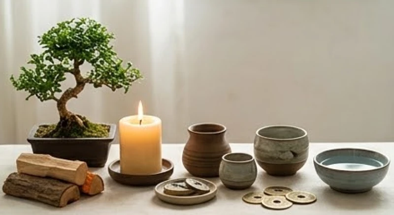 Xem ngày tốt xấu là gì: 3 yếu tố cốt lõi và cách hóa giải 4 Các vật phẩm đại diện cho yếu tố ngũ hành được bài trí hài hòa trên mặt bàn gỗ