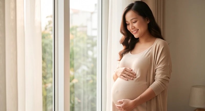 Tuổi Thân sinh con năm nào tốt: Chọn năm và hóa giải xung khắc 2 Người mẹ mang thai đang mỉm cười thư giãn bên cửa sổ ngập nắng