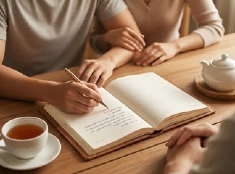 Tuổi Dần sinh con tháng nào tốt: chọn theo ngũ hành bố mẹ 1 Cặp vợ chồng trẻ ghi chú vào cuốn sổ tay kế hoạch sinh con bên cạnh tách trà ấm