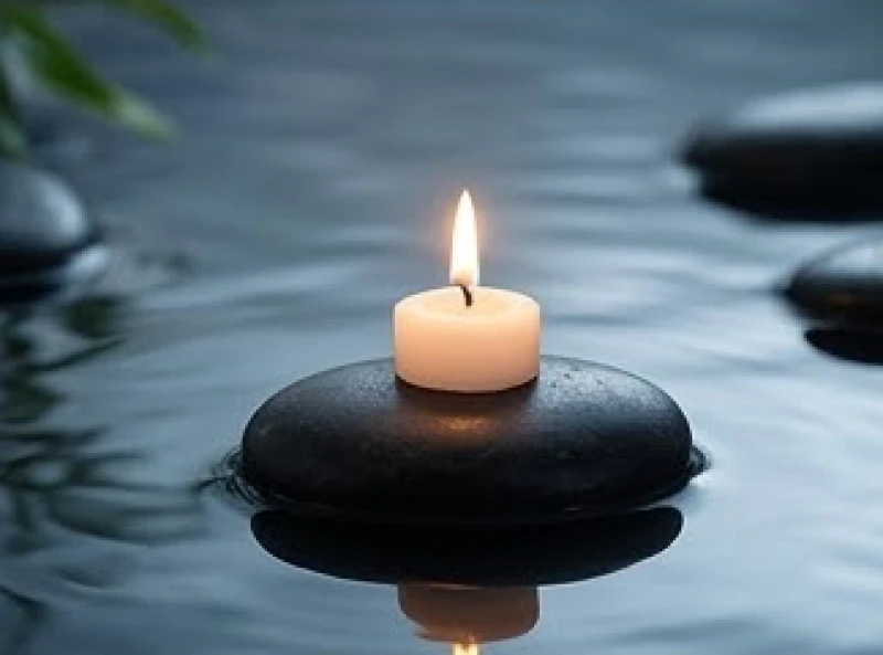 Biểu tượng ngũ hành tương sinh tương khắc với ngọn lửa nhỏ và hồ nước tĩnh lặng