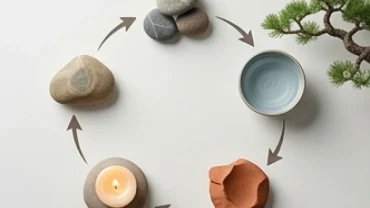 Sơ đồ ngũ hành tương sinh tương khắc với 5 yếu tố Kim, Mộc, Thủy, Hỏa, Thổ trong trạng thái cân bằng