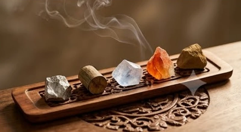 Trưng bày năm loại đá quý đại diện cho Kim Mộc Thủy Hỏa Thổ trên khay gỗ trầm hương