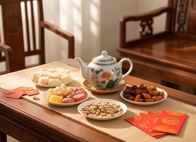 Bàn trà ngày Tết bày biện tươm tất với mứt và phong bao lì xì tượng trưng cho ngũ hành tương sinh