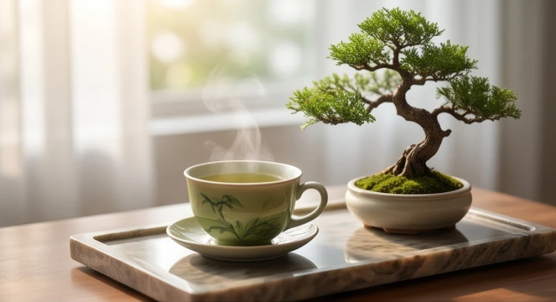 Tách trà nóng bốc khói êm dịu đặt cạnh chậu cây xanh nhỏ thể hiện sự hài hòa của dòng chảy ngũ hành.