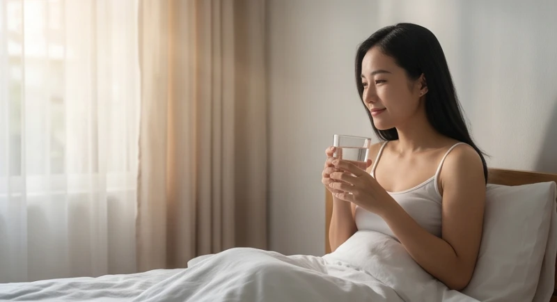 Một người phụ nữ ngồi trên giường với vẻ mặt bình thản sau khi thức dậy