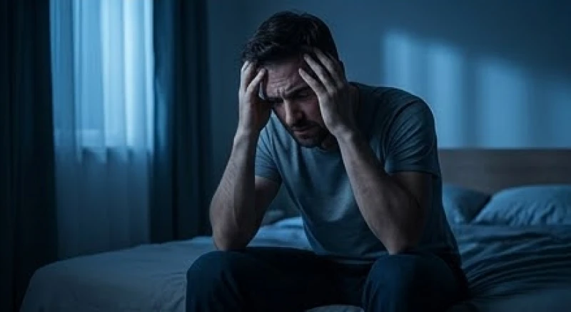 Một người đàn ông ngồi ôm đầu lo âu trên giường ngủ giữa đêm tối vì áp lực tài chính đè nặng