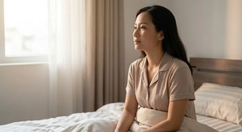 Một người phụ nữ đang ngồi suy ngẫm trên giường trong không gian phòng ngủ yên tĩnh với ánh sáng dịu nhẹ