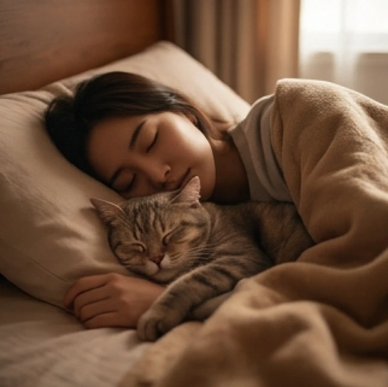 Mơ thấy ôm mèo: Giải mã điềm báo từng bối cảnh & con số may mắn 5 Nằm ngủ và ôm chặt chú mèo vào lòng đắp chăn ấm áp trong không gian phòng ngủ