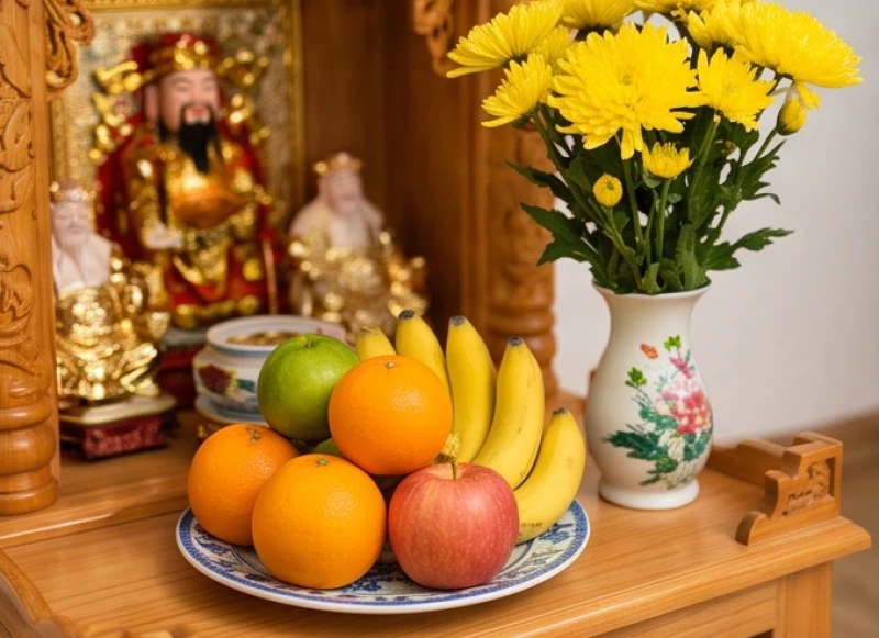 Văn khấn ngày rằm tại cửa hàng: Bài cúng Thần Tài và mâm lễ chuẩn 5 Mâm ngũ quả tươi và bình hoa cúc vàng rực rỡ dâng lên ban Thần Tài Thổ Địa ngày rằm