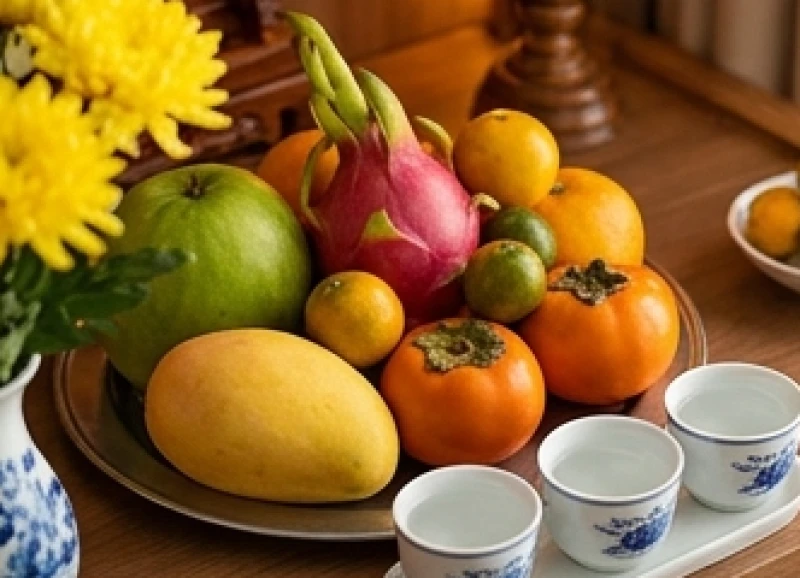 Chi tiết mâm ngũ quả tươi sáng, bình hoa cúc vàng và ba chén nước tịnh thủy dâng lên tổ tiên