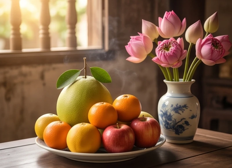 Đĩa ngũ quả gồm các loại trái cây tròn trịa bày biện cẩn thận bên cạnh bình hoa sen hồng tươi tắn
