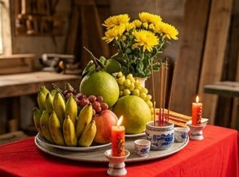 Mâm ngũ quả tươi ngon, bình hoa cúc vàng rực rỡ và nhang đèn được bày biện gọn gàng trên mâm cúng tổ