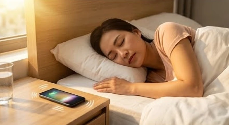 Người phụ nữ ngủ vùi trên giường trong khi điện thoại reo chuông báo thức liên tục