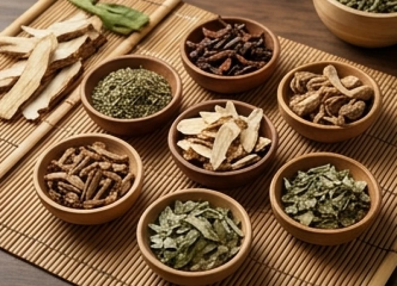Các loại thảo dược bồi bổ ngũ tạng được sắp xếp ngăn nắp trên mặt bàn gỗ