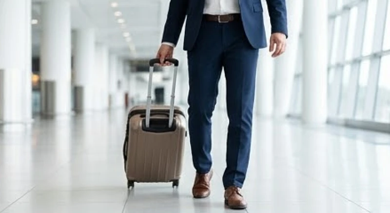 Người đàn ông mặc vest đang kéo chiếc vali nhỏ đi ngang qua sảnh sân bay sáng sủa