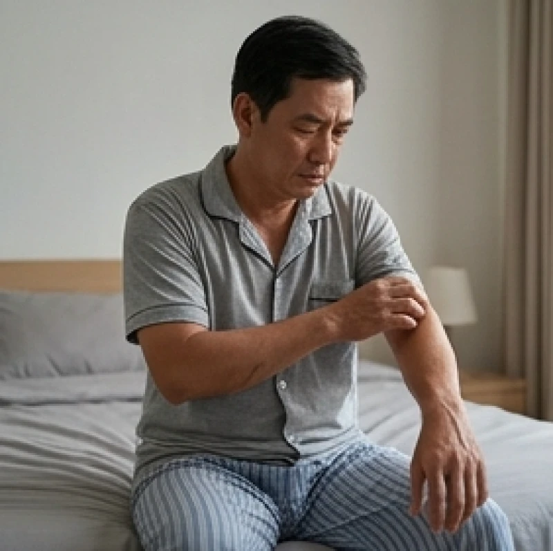 Ngứa và nhức trên cơ thể là điềm gì: Giải mã tâm linh và y khoa 4 Người đàn ông mệt mỏi xoa tay do ngứa ngầm dưới da, ảnh hưởng sinh hoạt
