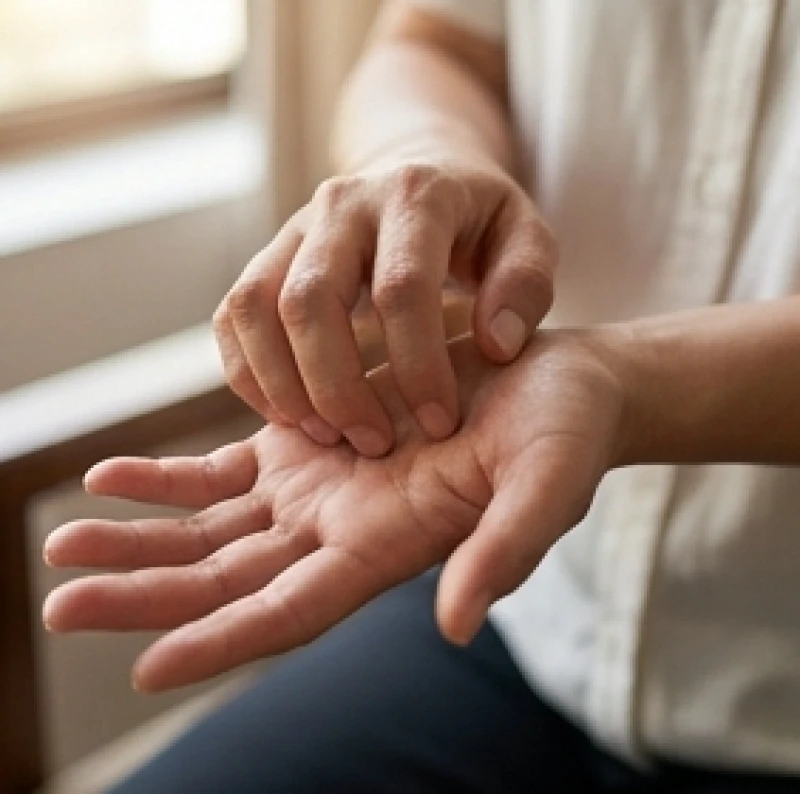 Ngứa và nhức trên cơ thể là điềm gì: Giải mã tâm linh và y khoa 3 Người phụ nữ xoa nhẹ lòng bàn tay phải khi cảm thấy ngứa châm chích