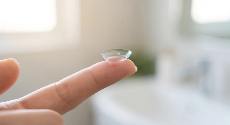 Đặt một miếng kính áp tròng cẩn thận trên đầu ngón tay trước khi tiến hành vệ sinh và bảo quản