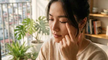 Người phụ nữ Việt Nam đang nhẹ nhàng chạm vào mắt để kiểm tra tình trạng ngứa mắt phải đột ngột