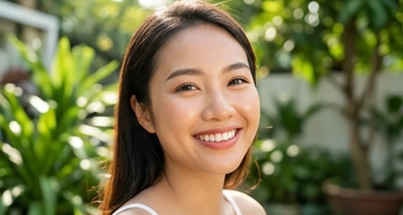 Gương mặt người phụ nữ mỉm cười rạng rỡ với đôi mắt sáng khỏe ngụ ý điềm lành