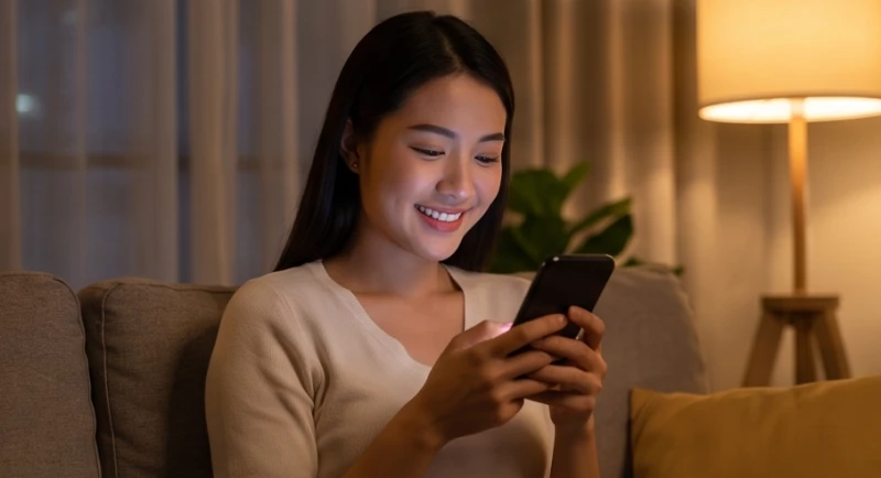 Cô gái vui mừng khi nhìn thấy tin tức tốt lành về tài chính hiển thị trên điện thoại vào buổi tối