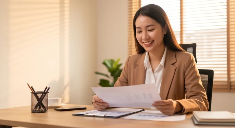 Nữ nhân viên văn phòng mỉm cười tự tin khi bắt đầu ngày làm việc mới với nhiều năng lượng tích cực